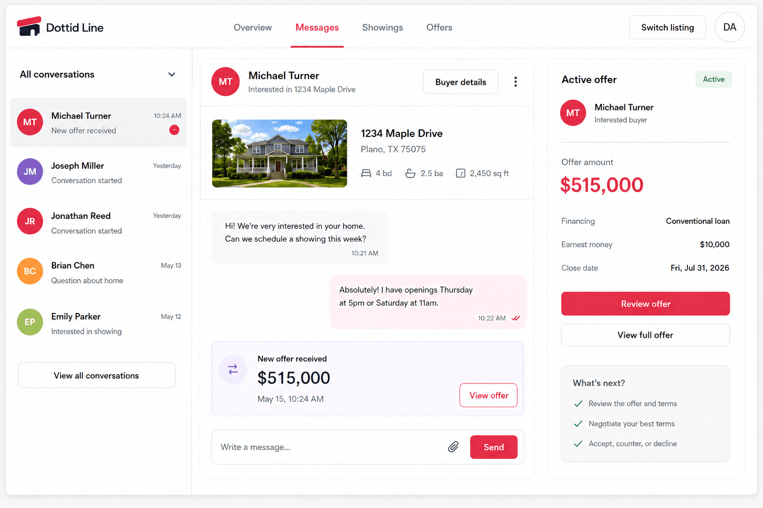 Dottid Line seller workspace for managing buyer interest, showings and offers